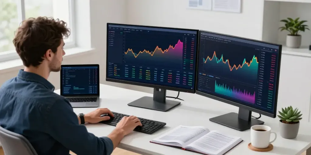 Trader analyzing cryptocurrency charts on quantumaiplatform.ca in a modern workspace.