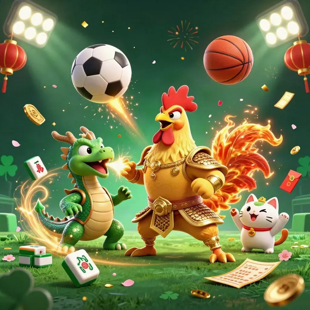 Rooster warrior, dragon hatchling, and fortune-cat amid sports balls, coins, lanterns, and fireworks.