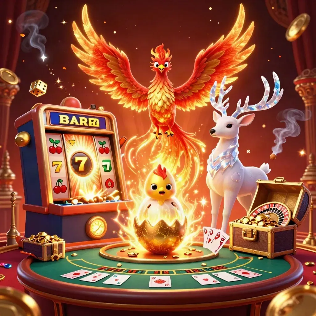 Phoenix, hatchling, stag, slot machine and casino lights exploding in a luxe gold-and-navy scene.