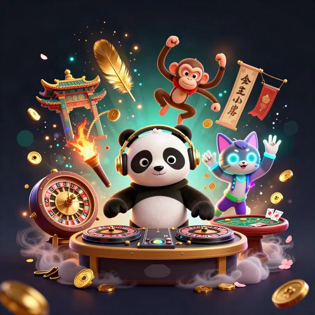 DJ panda, breakdancing monkey, and glow-stick kitten in a neon casino fantasy with roulette and temple lights.