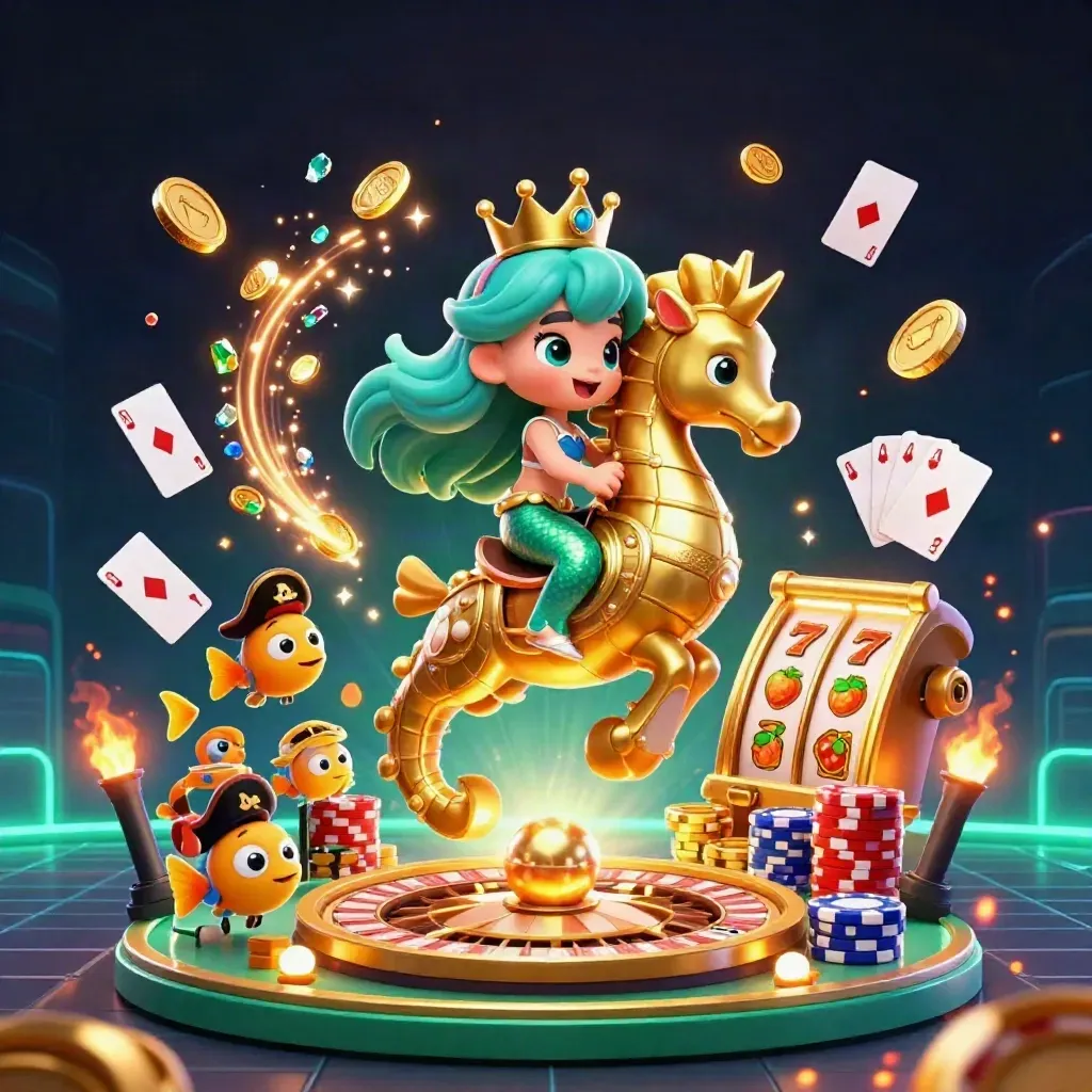 Mermaid princess on a golden seahorse amid coins, gems, cards, chips and a spinning roulette wheel.
