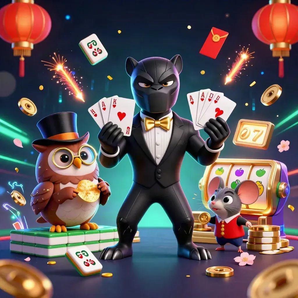 Tuxedo panther, owl, and mouse amid casino coins, lanterns, and neon energy on navy black.