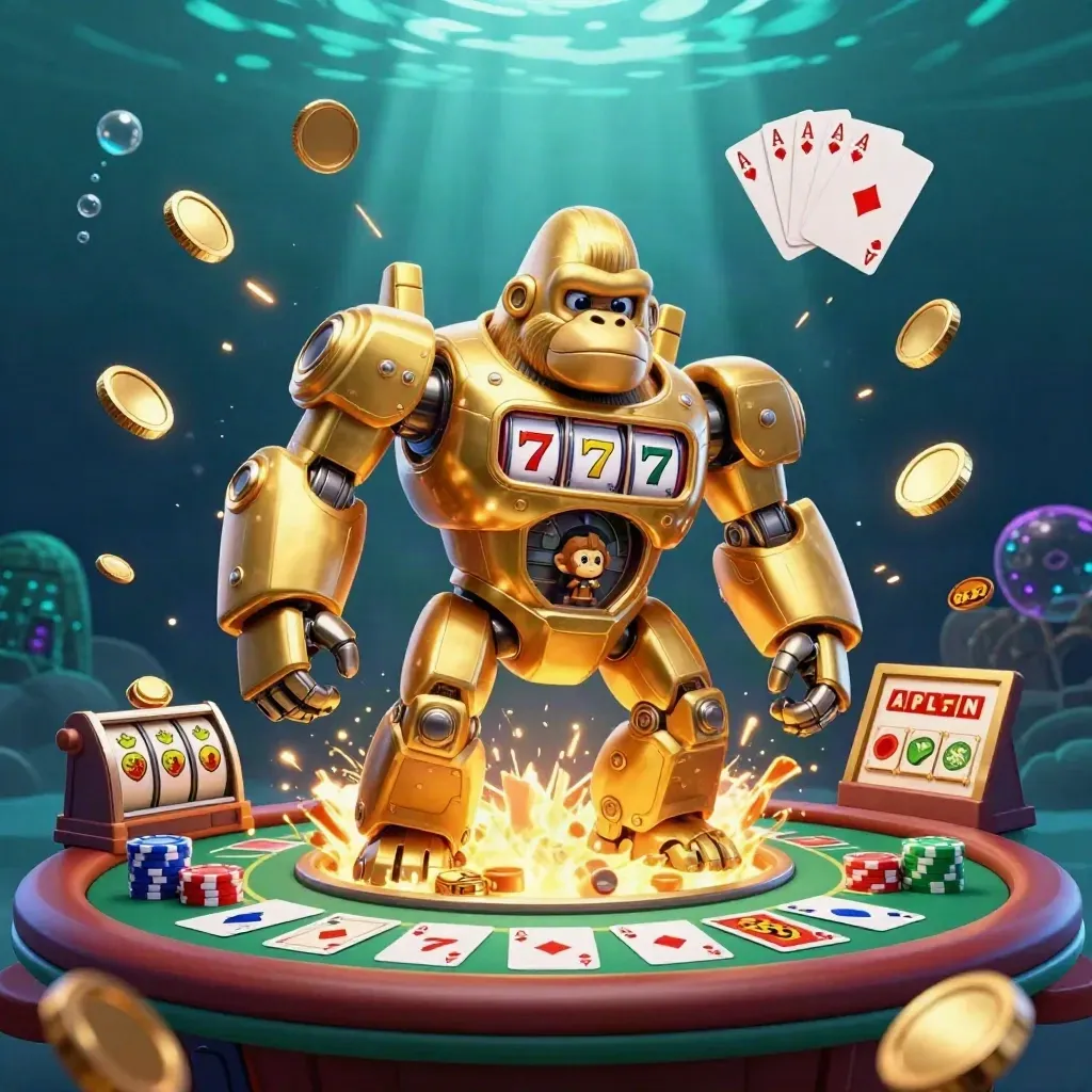 Golden gorilla mech with monkey pilot, coins, chips, cards, and underwater casino glow