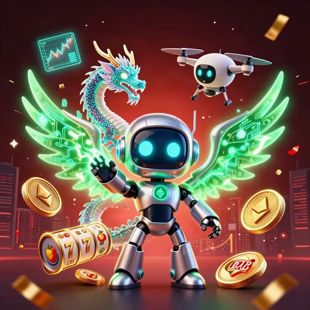 Chrome robot, holographic dragon and coin drone amid casino coins, lightning and confetti.