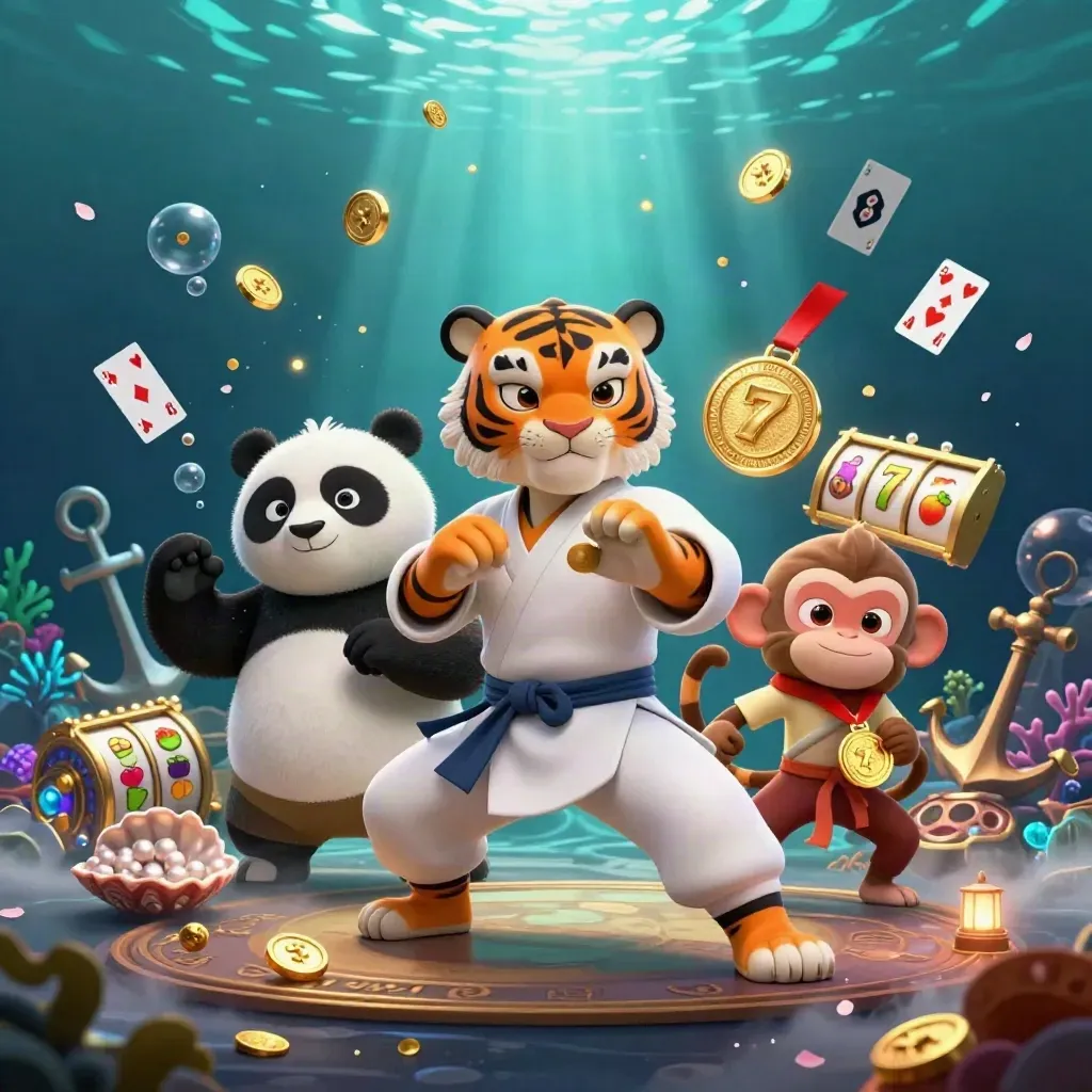 Kung-fu tiger, panda, and monkey in an underwater casino treasure burst