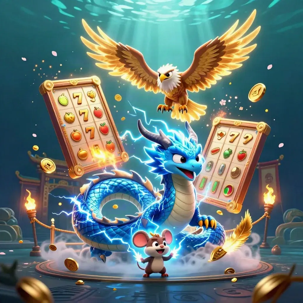 Thunder dragon, wind hawk, and crackling mouse amid gold coins, reels, and an ancient temple gate.